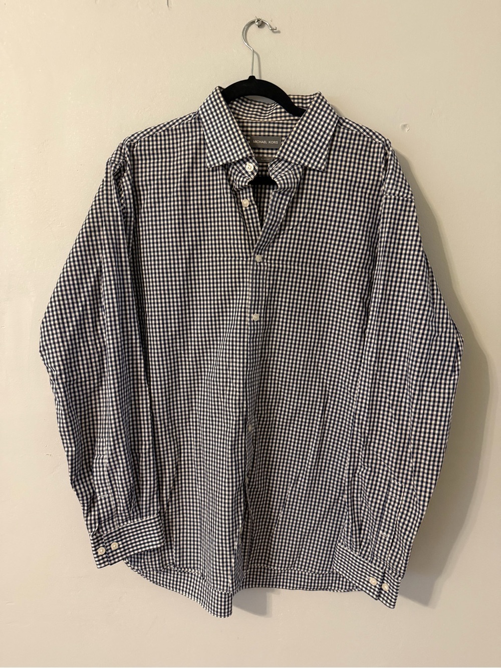 Michael Kors Men’s Navy and White Check Button-Down Shirt